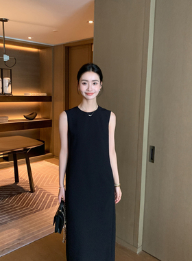 Maven Lin 简约黑色背心裙女2025新款法式圆领直筒宽松无袖连衣裙