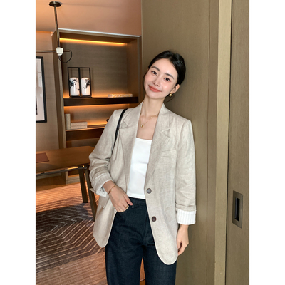 100%亚麻宽松休闲高级西装外套女