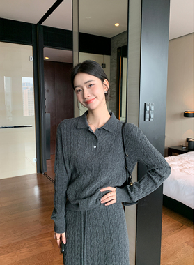 Maven Lin 力荐！羊毛针织套装女长袖POLO领上衣+半身裙两件套