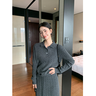Lin POLO领上衣 力荐 女长袖 半身裙两件套 羊毛针织套装 Maven