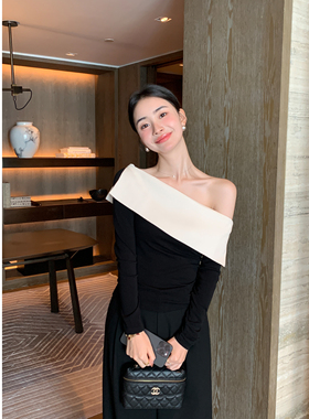 Maven Lin 莫尔周刊 黑白拼色露肩上衣女一字领气质修身长袖T恤