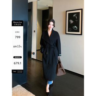 Maven 慵懒风系带呢子外套 Lin 大翻领双面羊毛100%大衣女2025冬季