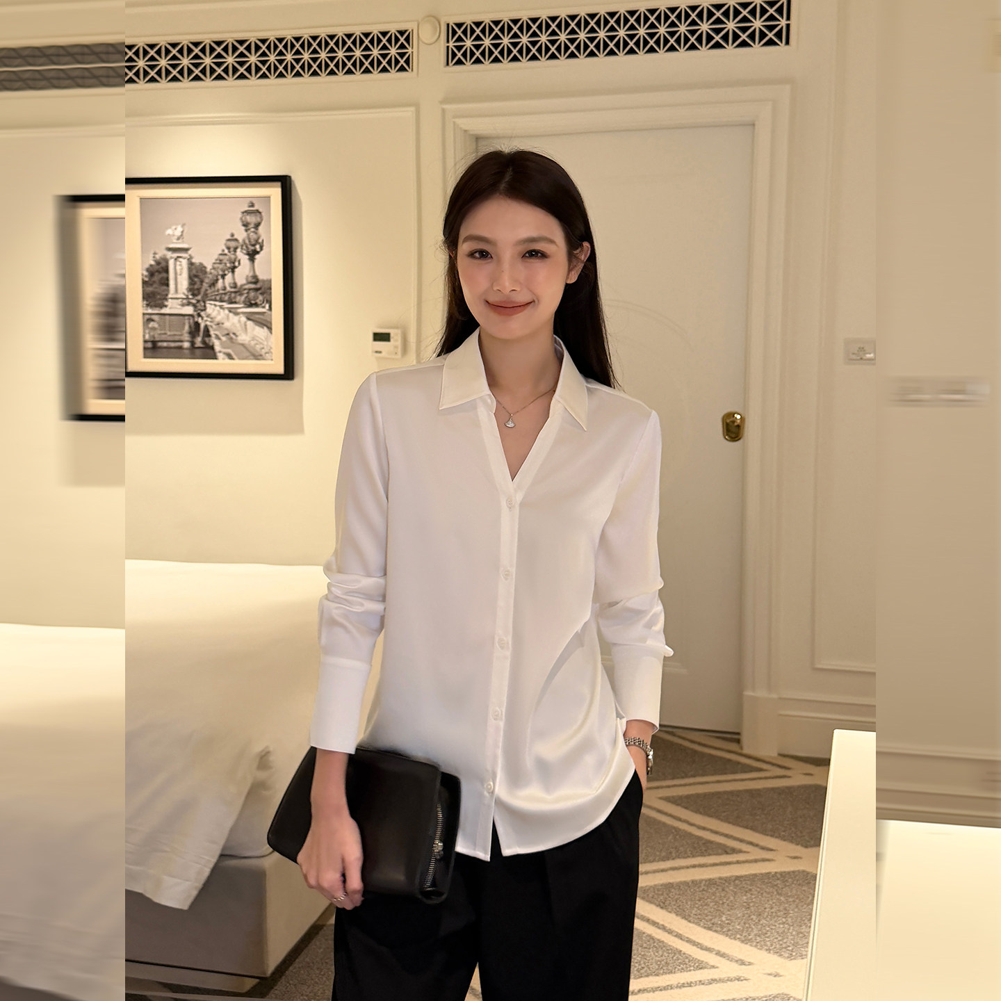 Maven Lin 办公室系列 经典V领缎面长袖衬衫女宽松垂感通勤衬衣