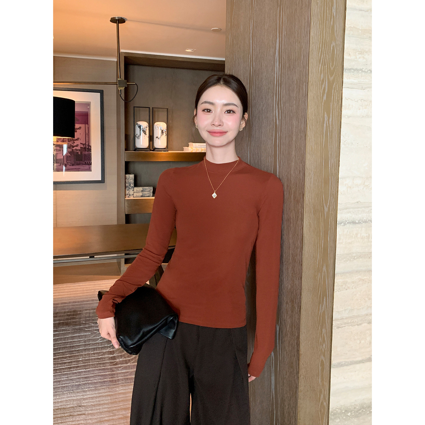 Maven Lin奢暖姿调 黑色半高领长袖针织衫女优雅修身显瘦打底上衣