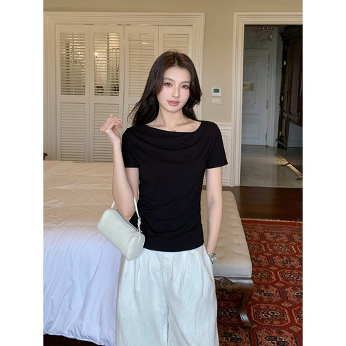 Maven Lin 轻柔闲姿 不对称领口短袖T恤女别致小众薄款褶皱上衣夏