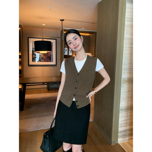Maven Lin 2/26支 1OO羊毛V领针织开衫女气质叠穿马甲无袖上衣