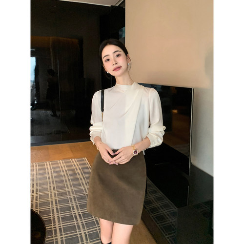 Maven Lin 贵气天成 复古咖啡色PU皮半身裙女高级麂皮a字包臀短裙