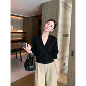 Lin 都市轻简 黑色长袖 Maven 针织开衫 女气质宽松羊毛松弛感毛衣