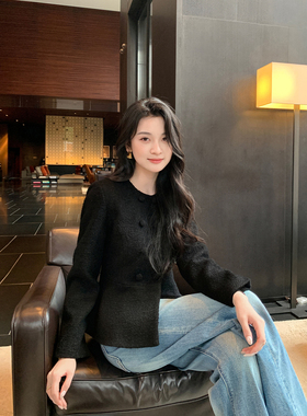 Maven Lin时髦贵感 黑色羊毛小香风毛呢外套女荷叶边收腰短款上衣