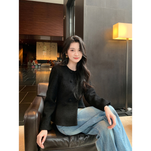 上衣 黑色羊毛小香风毛呢外套女荷叶边收腰短款 Maven Lin时髦贵感