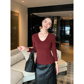 Lin 女白领通勤修身 极简刚需 Maven 灰色V领长袖 针织衫 打底衫 上衣