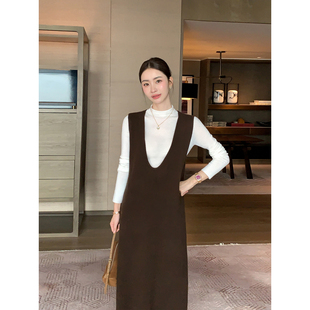 浣熊绒深V领毛衣连衣裙女保暖叠穿长款 蓬松绒感 背心裙 Lin Maven