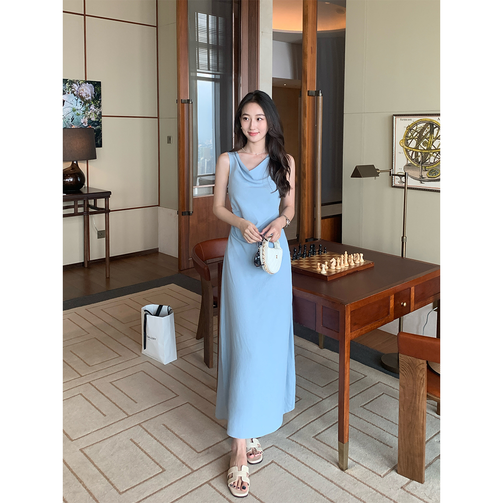 Maven Lin 奢逸贵价肩部荡领天丝连衣裙女职场bi备优雅收腰无袖裙
