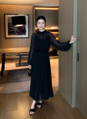 Maven Lin 雪纺气质连衣裙收腰女小众肌理褶皱灯笼长袖大摆裙子