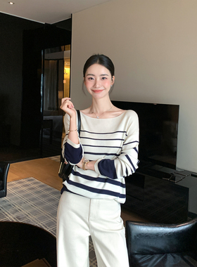 Maven Lin 轻奢优雅|经典条纹一字船领针织衫女气质宽松长袖上衣