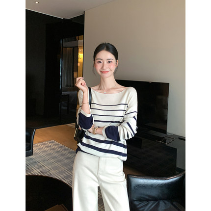 Maven Lin 轻奢优雅|经典条纹一字船领针织衫女气质宽松长袖上衣