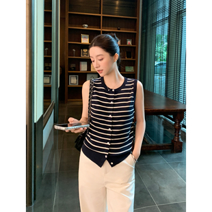 Lin 无袖 经典 女气质修身 莱赛尔上衣 复古条纹针织马甲开衫 Maven