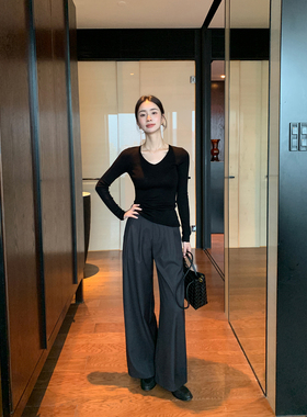 Maven Lin 智性气场|松弛感灰色阔腿休闲裤女宽松垂感通勤西装裤