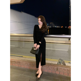 气质交叉V领长袖 优雅法则 连衣裙女不规则收腰包臀裙子 Lin Maven