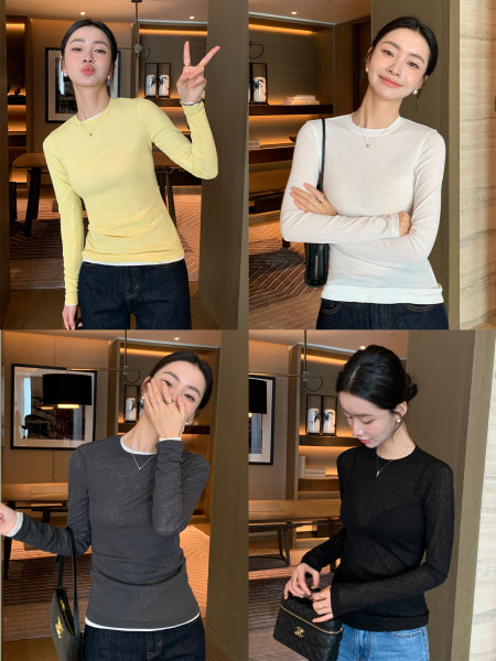 Collage of fitted long-sleeve tops in multiple colors worn by a model