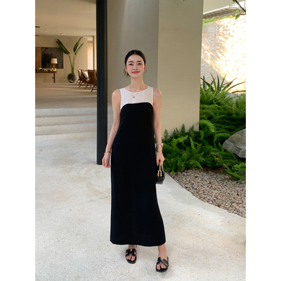 Maven Lin 精致时髦|撞色桑蚕丝拼接醋酸连衣裙气质无袖背心长裙