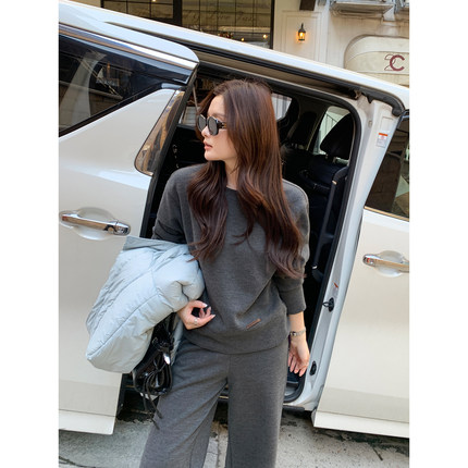 Maven Lin R0W时装感 气质圆领针织套头卫衣女休闲宽松阔腿裤套装