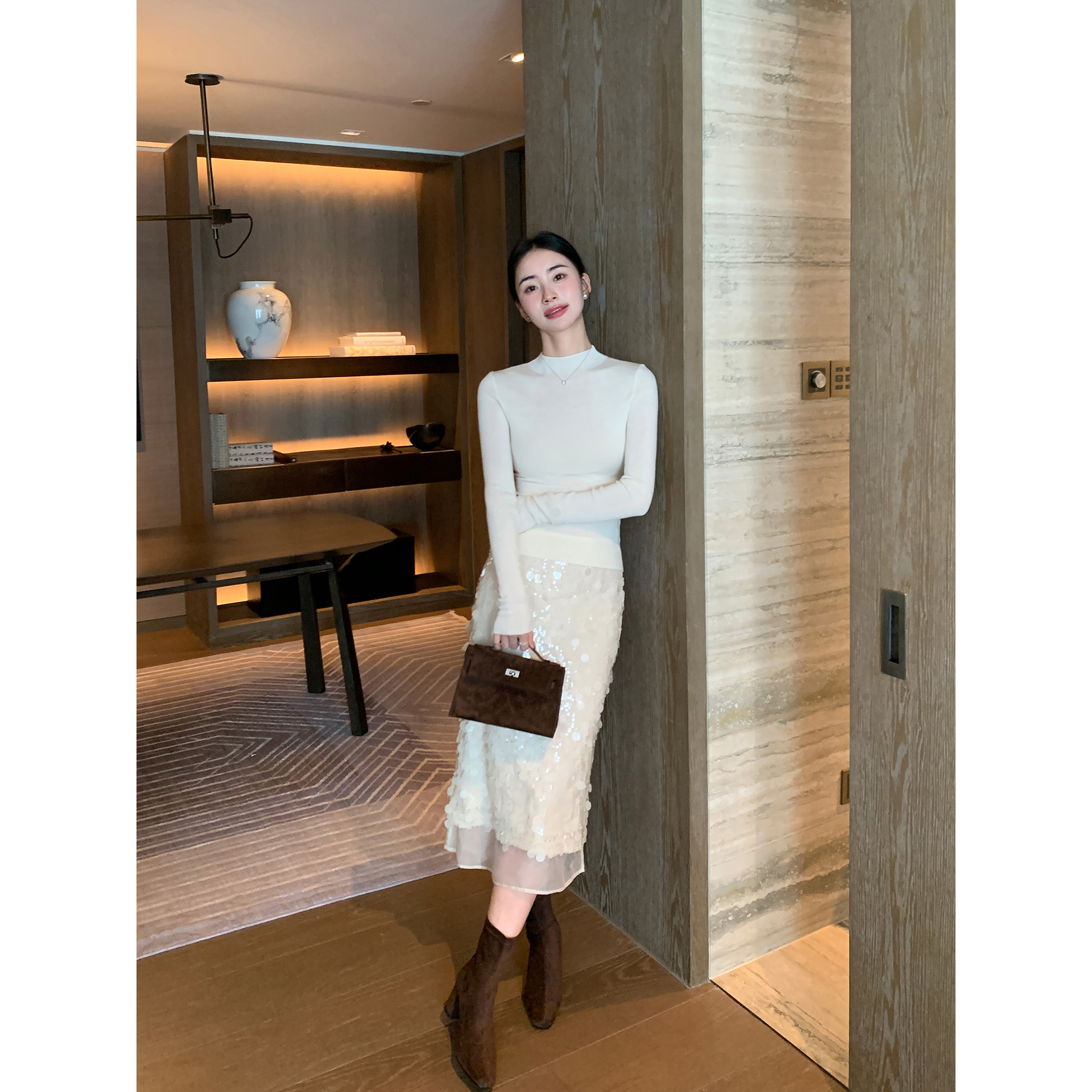 Maven Lin 率性优雅|高级定制珠片刺绣直筒半身裙女中长款包臀裙