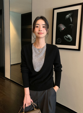 Maven Lin 设计感假两件大U领100羊毛显瘦针织衫女春秋宽松毛衣