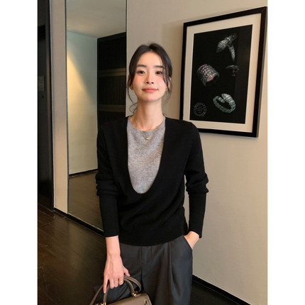 Maven Lin 设计感假两件大U领100羊毛显瘦针织衫女春秋宽松毛衣
