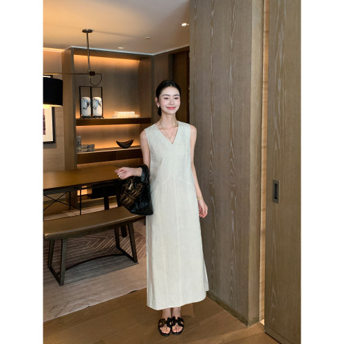 Maven Lin 极简100%亚麻V领连衣裙背心裙女气质轻薄宽松无袖长裙