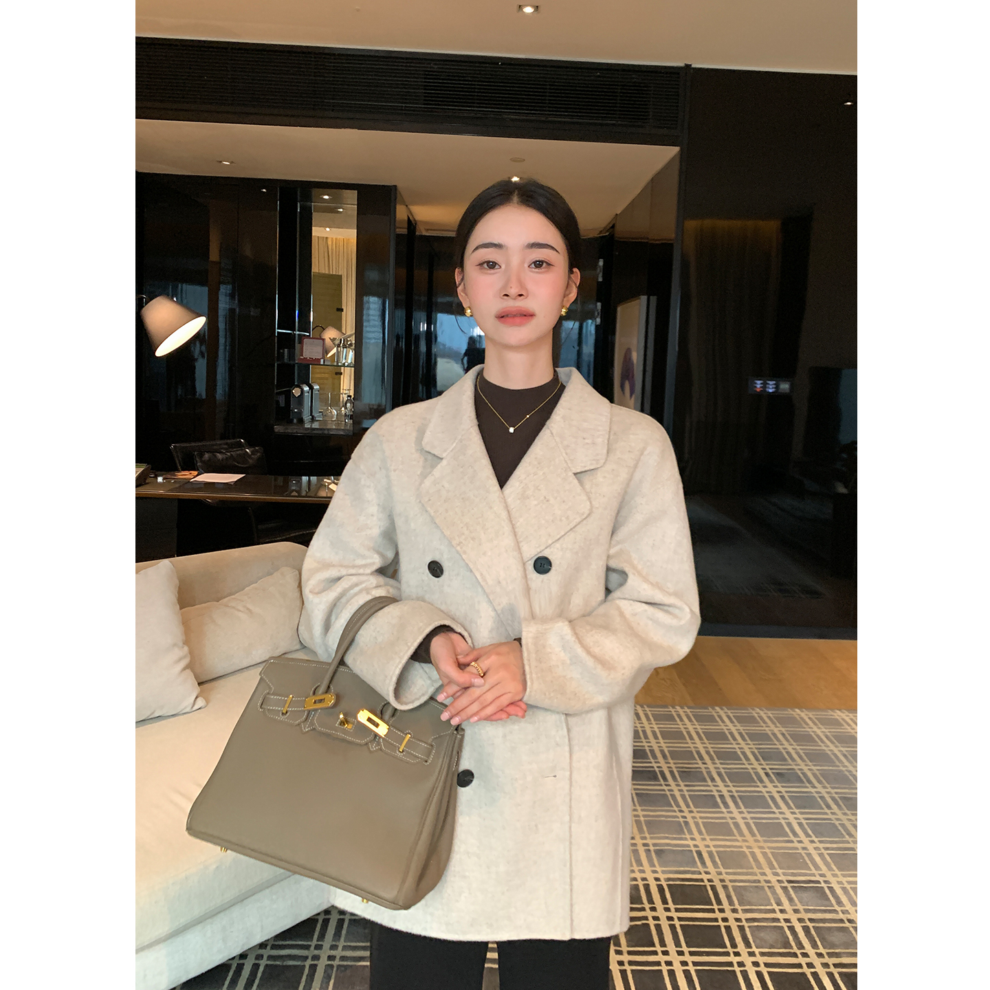 Maven Lin柔韧气场 100%羊毛翻领毛呢大衣女廓形中长款双面呢外套