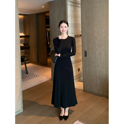 Maven Lin 长期衣橱|高级感黑色气质长袖连衣裙女优雅收腰打底裙