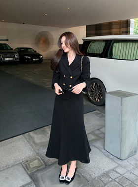 Maven Lin 高智主场 黑色短款西装外套女优雅白领鱼尾半身裙套装