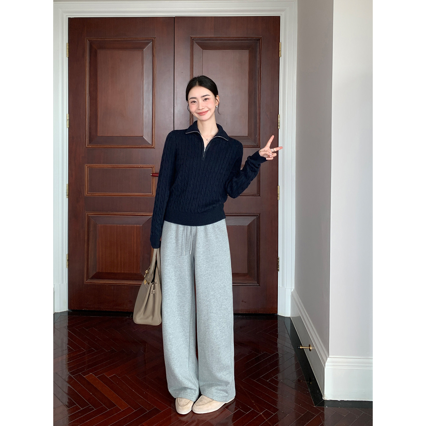 Maven Lin 优雅闲适 精选全棉直筒针织卫裤女慵懒宽松抽绳休闲裤