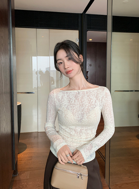Maven Lin 轻奢智雅 一字领蕾丝长袖上衣女气质修身内搭打底衫T恤