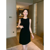 Maven Lin知性通勤奢华钉钻背心连衣裙女黑色圆领气质a字直筒短裙