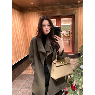 不对称领口毛呢外套女中长款 质感1OO羊毛 呢子大衣 Lin Maven
