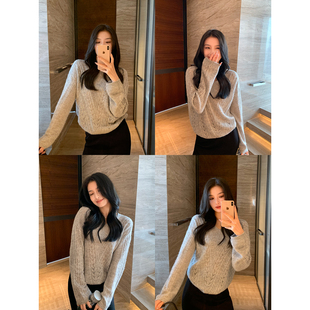 麻花镂空V领套头毛衣女宽松显瘦羊毛上衣 演绎温柔风 Maven Lin