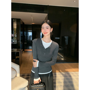 Lin 针织打底衫 气质美学 T恤女修身 上衣 亨利领假两件长袖 Maven