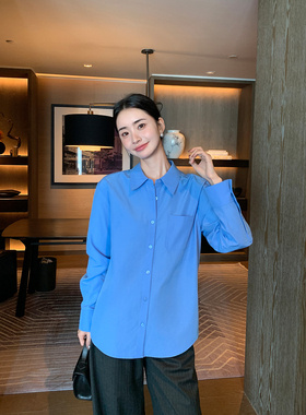 Maven Lin 通勤知性 高级感蓝色长袖衬衫女宽松廓形叠穿休闲衬衣