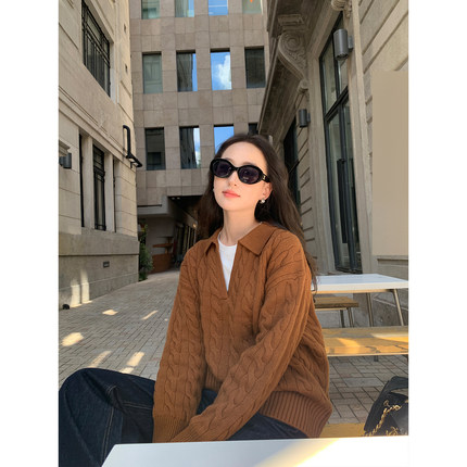 Maven Lin 老钱风主义 100%羊毛Polo领毛衣女宽松麻花针织衫上衣