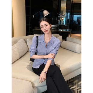 Lin 衬衫 职场格调 翻领条纹长袖 女通勤气质收腰衬衣 经典 Maven