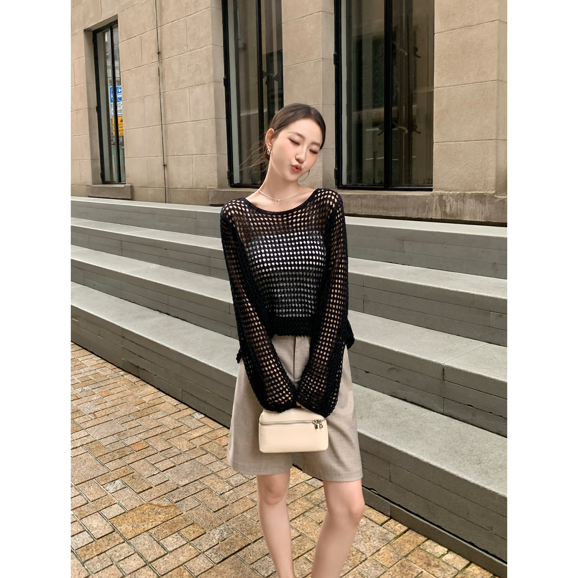 Maven Lin 老钱度假感 重磅立体镂空编织针织衫女一字领防晒罩衫