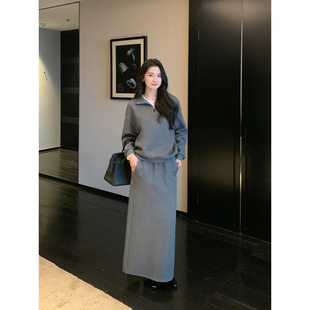 半拉链高领套头卫衣女休闲通勤直筒半裙套装 简雅风尚 Lin Maven