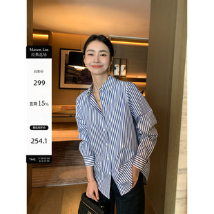 女春夏宽松通勤翻领上衣 Maven Lin 条纹醋酸混纺基础款 刺绣衬衫