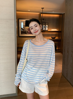 Maven Lin 1/30支醋酸胶原蛋白纱|条纹长袖上衣女大圆领防晒罩衫