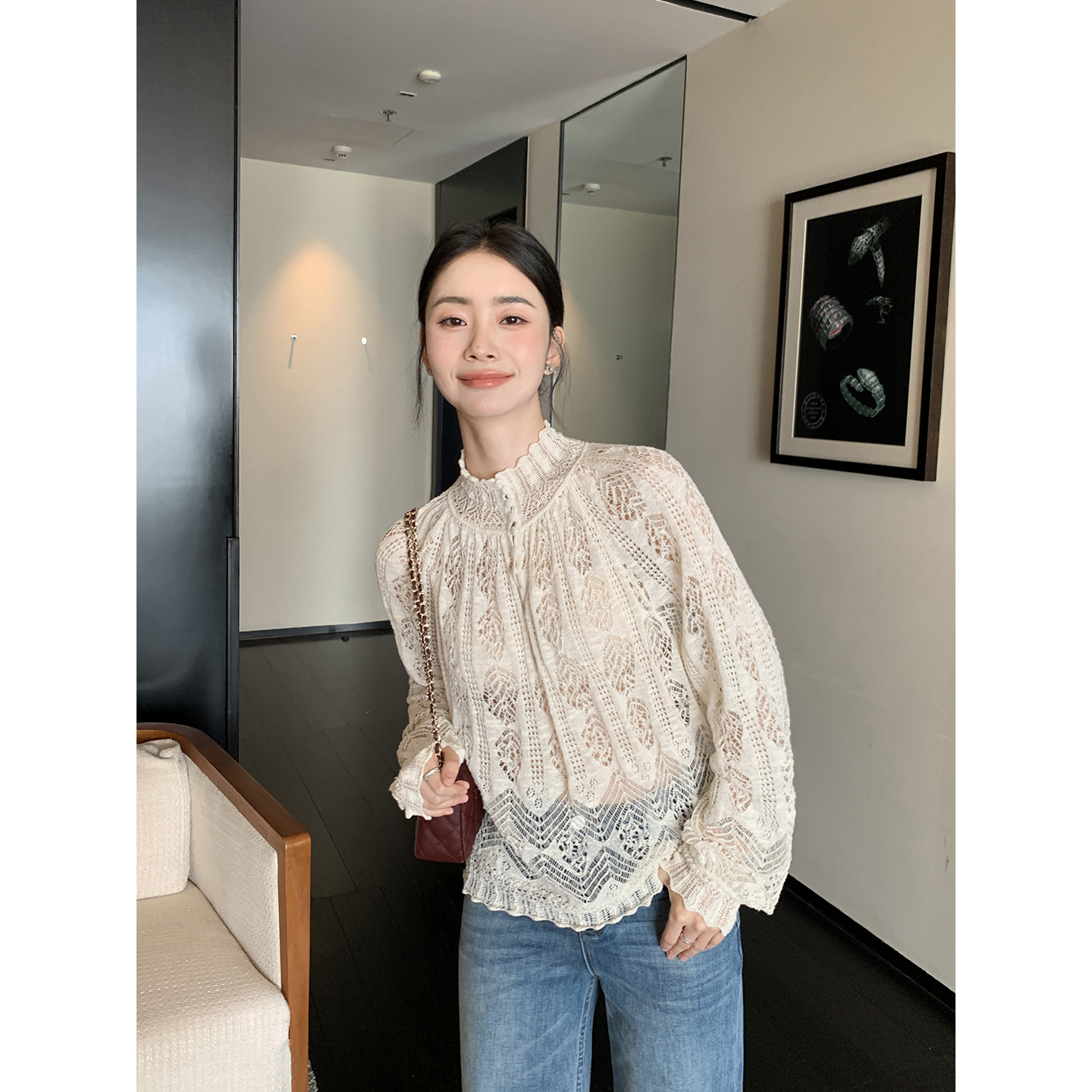 Maven Lin 知雅天菜|优雅法式半高领镂空蕾丝上衣女长袖针织衫