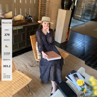 V领长袖 Maven 法式 清致闲雅 印花连衣裙女高级木耳边收腰长裙 Lin