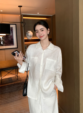 Maven Lin 高智随性通勤白领1OO亚麻衬衫女简约白色宽松衬衣开衫