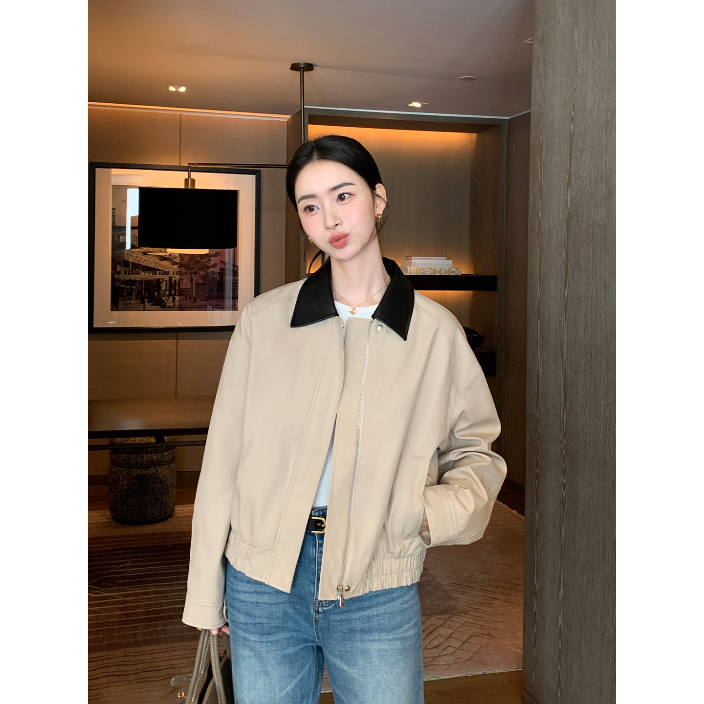 Maven Lin【现货7折】 重磅精品 撞色pu皮领夹克休闲翻领工装外套